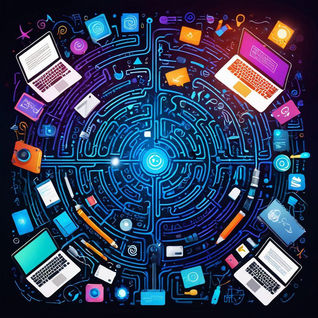 An abstract representation of a labyrinth filled with various tech gadgets and writing tools, symbolizing the journey of blogging. Include vibrant, flowing lines connecting ideas and devices, with a glowing light at the center signifying creativity. Surround the scene with stylized text snippets and icons reflecting tech uses in writing. super-realistic. vibrant colors. painting.