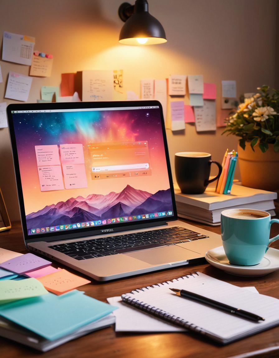 An open laptop on a cozy desk with colorful sticky notes and a steaming coffee cup beside it, displaying a beautifully designed digital diary interface on the screen. Surrounding the laptop are various creative blogging materials like a notebook, quirky pens, and a soft glowing lamp creating an inviting workspace atmosphere. The background is filled with floating binary code and whimsical elements like clouds and stars to represent the blogosphere. super-realistic. vibrant colors. soft focus.