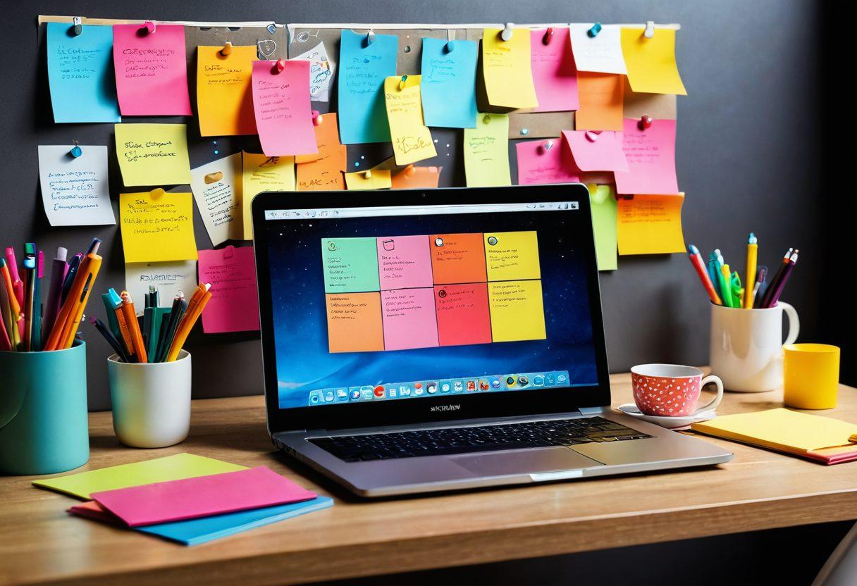 A visually captivating workspace featuring a stylish desk with a laptop open, surrounded by colorful sticky notes and pens, symbolizing creativity and organization. In the background, a digital diary glowing on a screen with community engagement icons like hearts and chat bubbles floating around, representing content sharing. Soft, warm lighting enhances the inviting atmosphere of personal expression. super-realistic. vibrant colors. 3D.